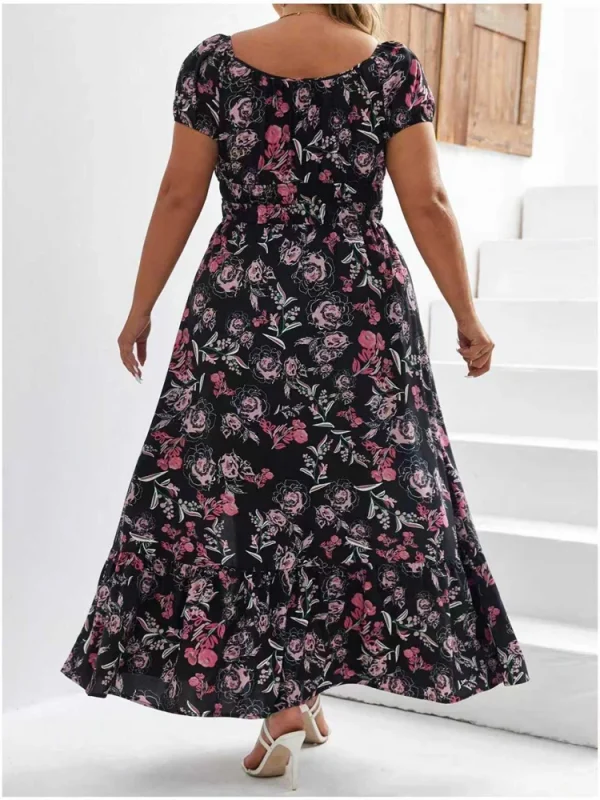 فستان نسائي طويل مقاس كبير مزين بالزهور، مرن بخصر عالٍ، فضفاض، رقبة مربعة، وأكمام منتفخة، فستان غير رسمي مناسب لجميع المواسم