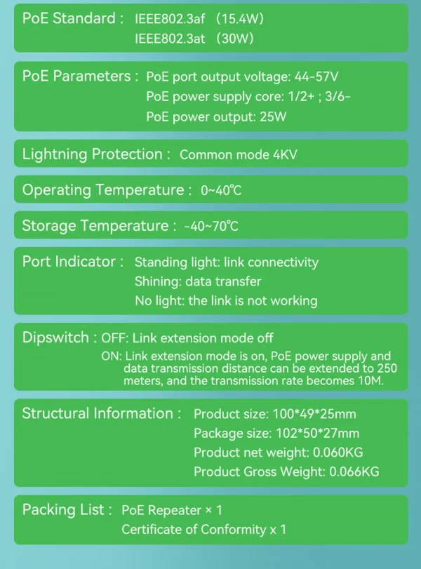 GoodTop 2 Port 100M POE Extender 1 to 2 PoE Repeater IEEE802.3af/at 4KV Lighting Protection Plug&Play 48V 30W for POE Camera