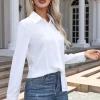 قمصان نسائية ربيعية خريفية بلون صلب بأكمام طويلة وياقة قابلة للطي قميص أساسي للنساء بلوزات شارع أنيقة