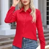 قمصان نسائية ربيعية خريفية بلون صلب بأكمام طويلة وياقة قابلة للطي قميص أساسي للنساء بلوزات شارع أنيقة