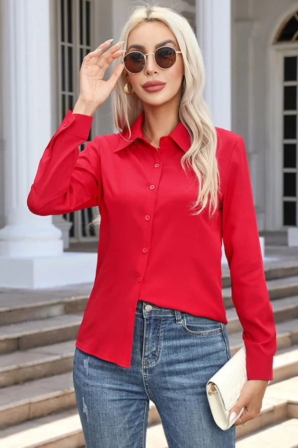 قمصان نسائية ربيعية خريفية بلون صلب بأكمام طويلة وياقة قابلة للطي قميص أساسي للنساء بلوزات شارع أنيقة