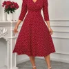 فستان ميدي ربيع وصيف للنساء باللون بورجوندي بنقاط البولكا، بأكمام ثلاثة أرباع، وياقة على شكل V، بقصة A، أنيق وكاجوال، فستان يومي وحفلات