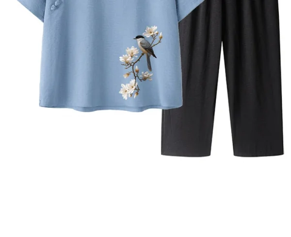 طقم حريمي صيفي بأكمام قصيرة من القطن والحرير على طراز الجدة ملابس نسائية غير رسمية ملابس منزلية قميص أمي ملابس خارجية زر طباعة الأزهار...