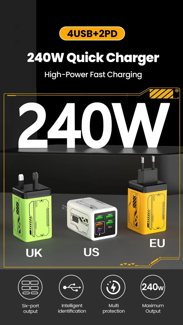 240 واط 6 منافذ 4USB + 2 نوع C شحن سريع للغاية شاحن الهاتف المحمول USB3.0 PD3.0 الاتحاد الأوروبي/المملكة المتحدة/الولايات المتحدة شاحن آيفون 17 16 سامسونج POCO
