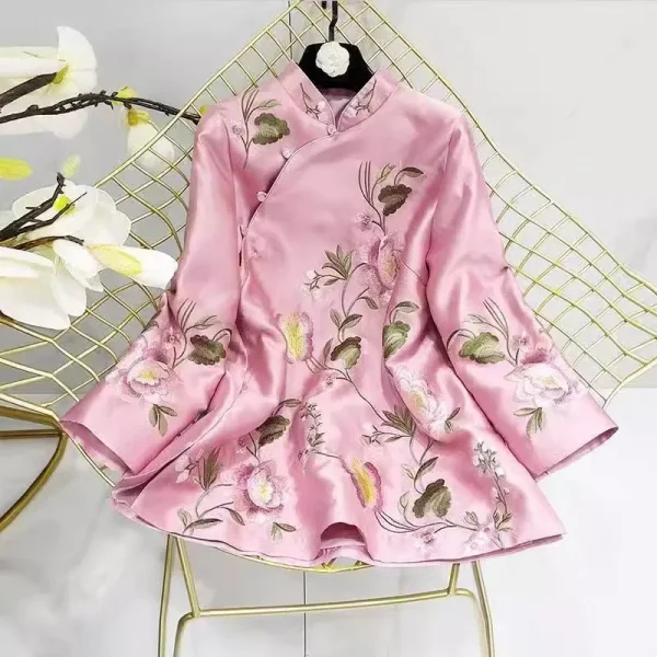 ربيع الخريف العرقية نمط تانغ دعوى معطف الرجعية التطريز زر الصينية أعلى المرأة بلوزة أنيقة فضفاضة الصينية أعلى 3126