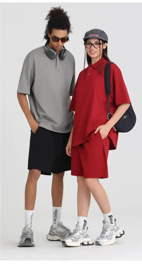 275 جرامًا من القطن الخالص بلون فضفاض قصير الأكمام قميص بولو قم بتخصيص تصميم نص الصورة الخاص بك للنساء والرجال