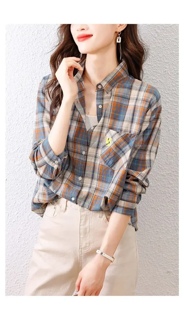 قميص مربعات للنساء في فصلي الربيع والخريف، قميص قطن خالص عصري ورجعي يتم ارتداؤه مع أجنبي