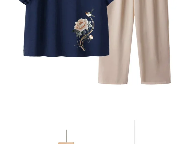 عادية الأزهار طباعة قصيرة الأكمام رقيقة أمي مجموعة الصيف فضفاض تي شيرت الجدة الملابس قطعتين دعوى البوليستر دنة مزيج