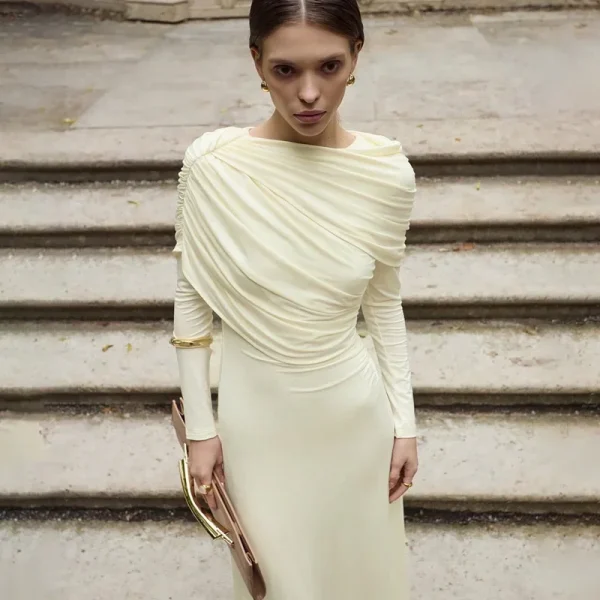 فستان طويل مثير مكشكش بأكمام طويلة للنساء لخريف وشتاء جديد غير منتظم بياقة دائرية وخصر عالٍ فستان حفلات للنوادي للسيدات