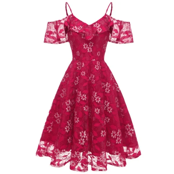 فستان نسائي صيفي أنيق بكشكش من الدانتيل المزهر باللون الواحد، كتف مكشوف، للأجازات، بأكمام كشكش، فساتين سهرة وحفلات