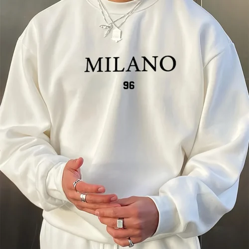 بلوفر رجالي خريفي وشتوي مخملي سميك دافئ وعصري فضفاض ميلانو 96 مطبوع برقبة دائرية وأكمام طويلة