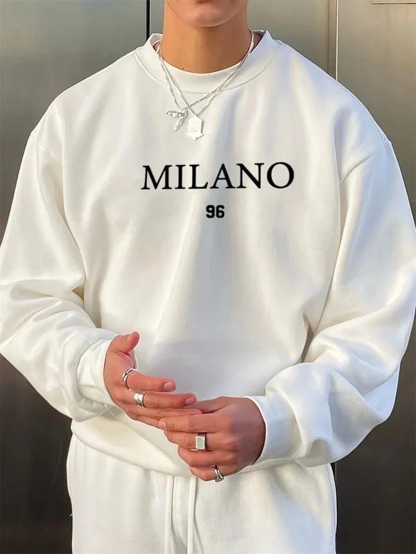 بلوفر رجالي خريفي وشتوي مخملي سميك دافئ وعصري فضفاض ميلانو 96 مطبوع برقبة دائرية وأكمام طويلة