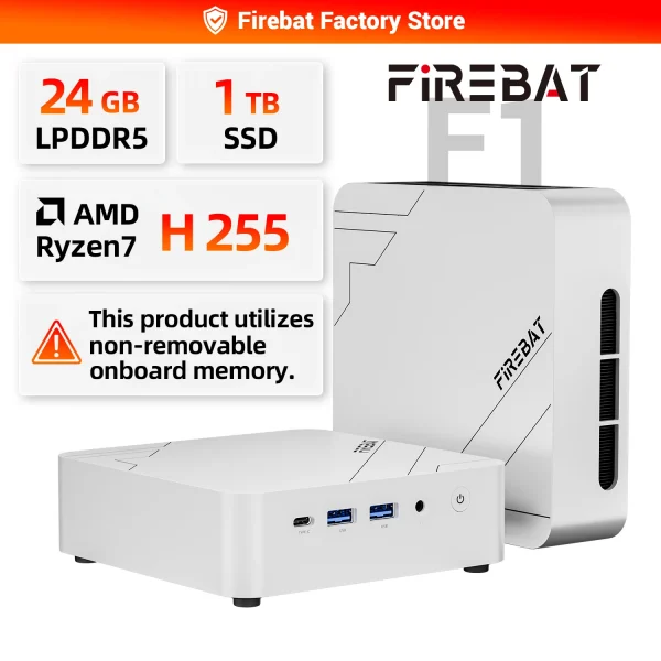 FIREBAT F1 MINI PC AMD Ryzen 7 H255 LPDDR5 ذاكرة عشوائية 24 جيجابايت قرص صلب SSD بسعة 1 تيرابايت واي فاي 6 بلوتوث 5.2 كمبيوتر مكتبي صغير محمول كمبيوتر سطح المكتب ويندوز 11