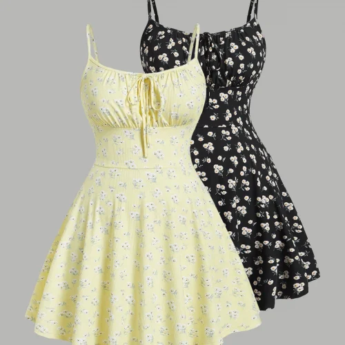 فستان قصير أنيق بدون أكمام بحزام رفيع من الزهور