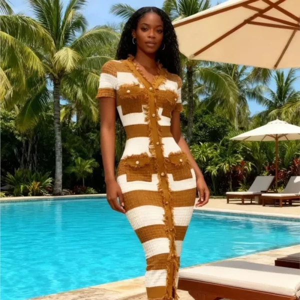 فستان نسائي أنيق مخطط برقبة على شكل حرف V صيفي بأكمام قصيرة ومتماسك بشرابة فساتين ضيقة للنساء