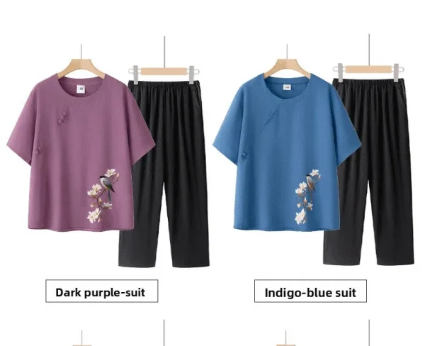 طقم حريمي صيفي بأكمام قصيرة من القطن والحرير على طراز الجدة ملابس نسائية غير رسمية ملابس منزلية قميص أمي ملابس خارجية زر طباعة الأزهار...