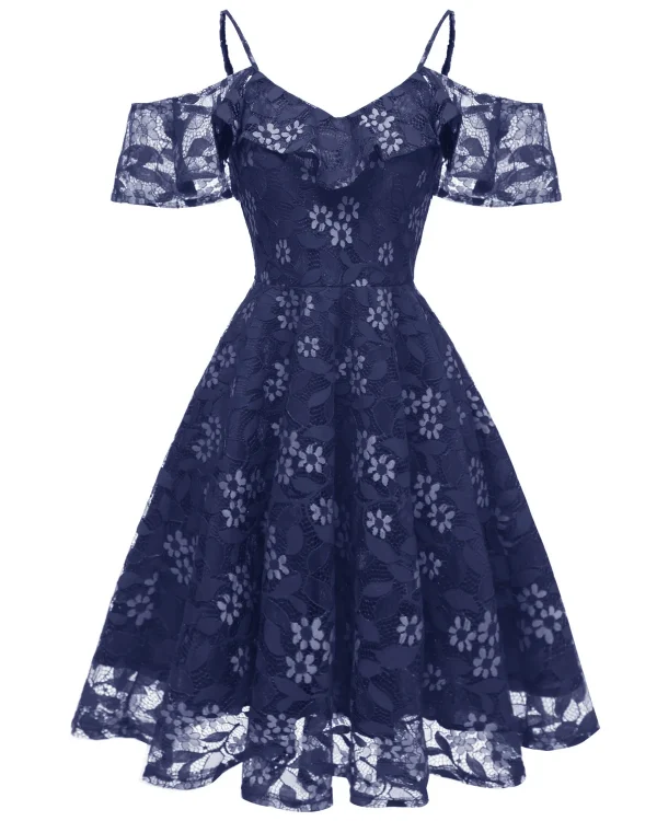 فستان نسائي صيفي أنيق بكشكش من الدانتيل المزهر باللون الواحد، كتف مكشوف، للأجازات، بأكمام كشكش، فساتين سهرة وحفلات