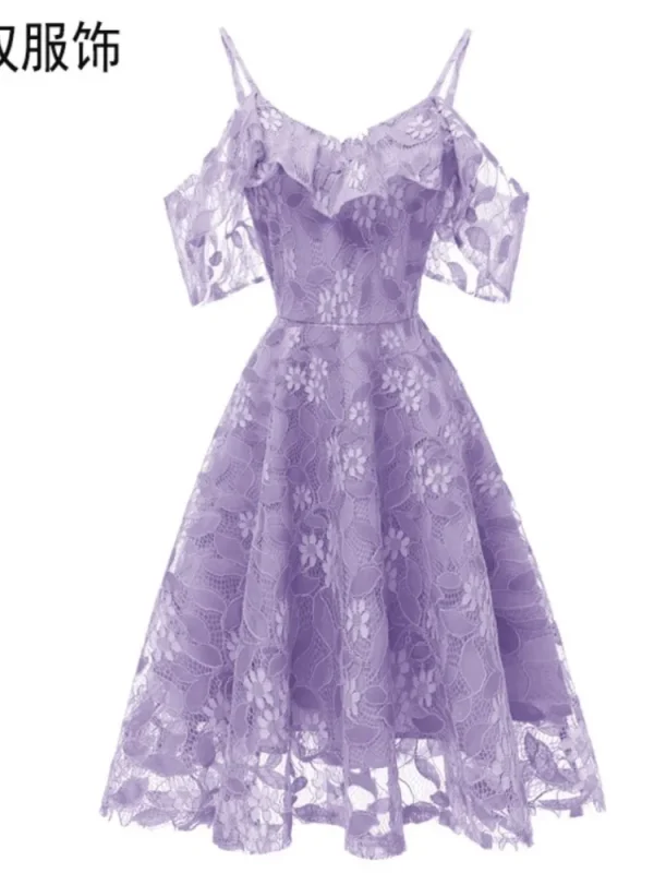 فستان نسائي صيفي أنيق بكشكش من الدانتيل المزهر باللون الواحد، كتف مكشوف، للأجازات، بأكمام كشكش، فساتين سهرة وحفلات