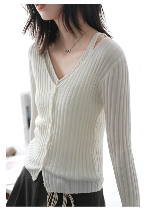 شيك فين سترة نسائية عصرية ريترو جديدة بياقة على شكل حرف v سترة محبوكة مخططة بقصة ضيقة وأكمام طويلة سترة نسائية لربيع وخريف 2025