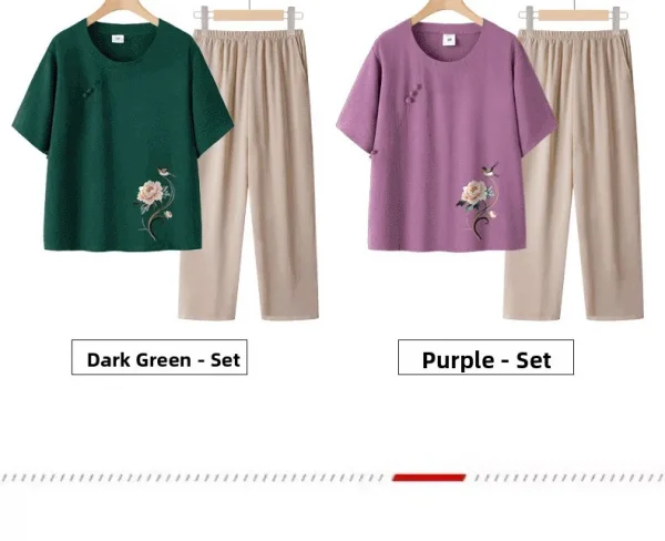 عادية الأزهار طباعة قصيرة الأكمام رقيقة أمي مجموعة الصيف فضفاض تي شيرت الجدة الملابس قطعتين دعوى البوليستر دنة مزيج