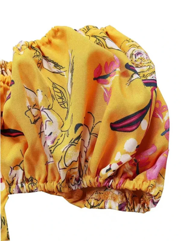 فستان نسائي طويل مقاس كبير مزين بالزهور، مرن بخصر عالٍ، فضفاض، رقبة مربعة، وأكمام منتفخة، فستان غير رسمي مناسب لجميع المواسم