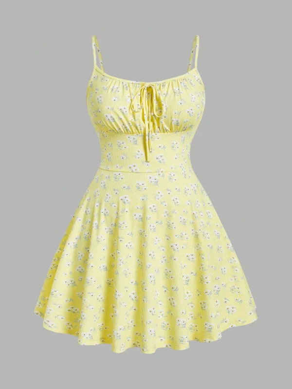 فستان قصير أنيق بدون أكمام بحزام رفيع من الزهور