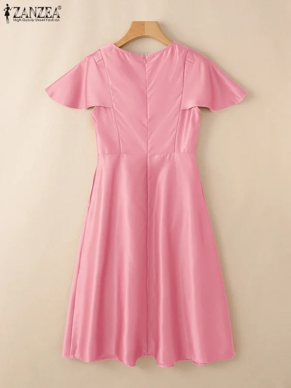 فستان حفلة أنيق من زانزيا 2025 للنساء لصيف العمل، فساتين OL مكتبية، فستان ساتان مكتبي، فستان صيفي قصير الأكمام متوسط الطول، فستان صلب