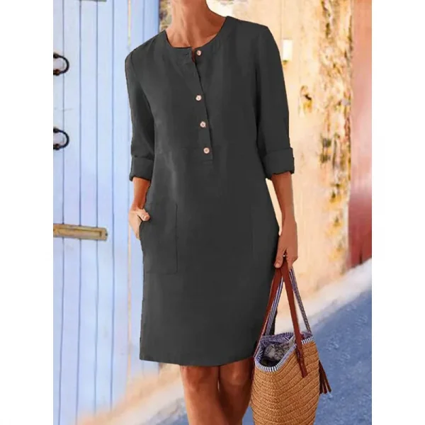 فستان نسائي كاجوال Soild بأكمام طويلة من القطن والكتان فستان تونك عتيق مستقيم بأكمام طويلة فستان قصير كبير الحجم بطول الركبة