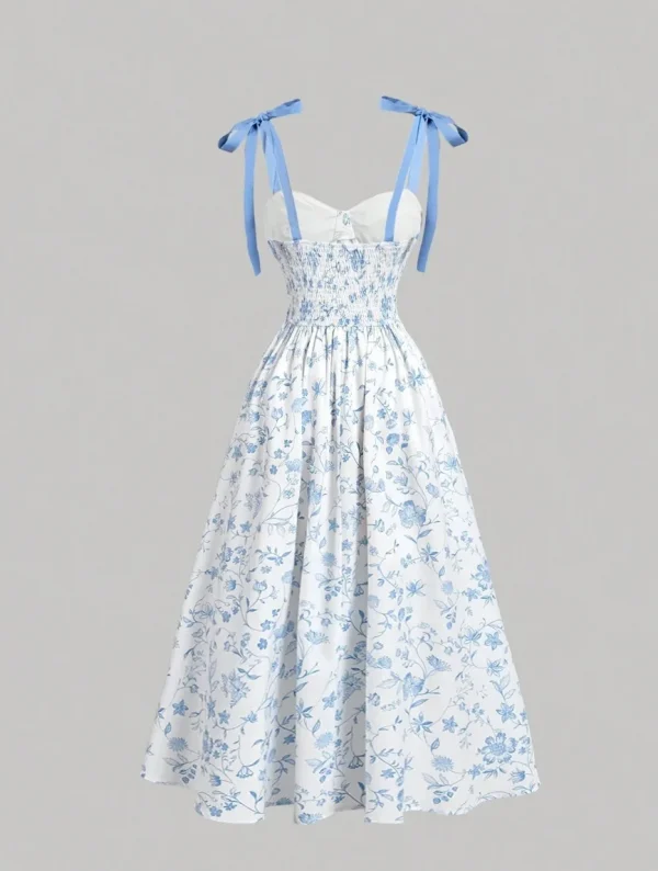 فساتين بحزام سباغيتي لعام 2026 للسيدات فستان فيستدوس لمزاج الزفاف أنيق فرنسي مطبوع عليه زهور حبال رفيعة عصرية