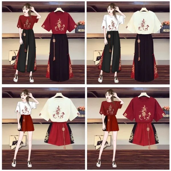 2025 جديد اليابانية Harajuku المحملة القمم النمط الصيني تانغ دعوى المرأة تي شيرت غير رسمي واسعة الساق الكونغ فو فستان أطفال مع سروال داخلي الملابس الشرقية