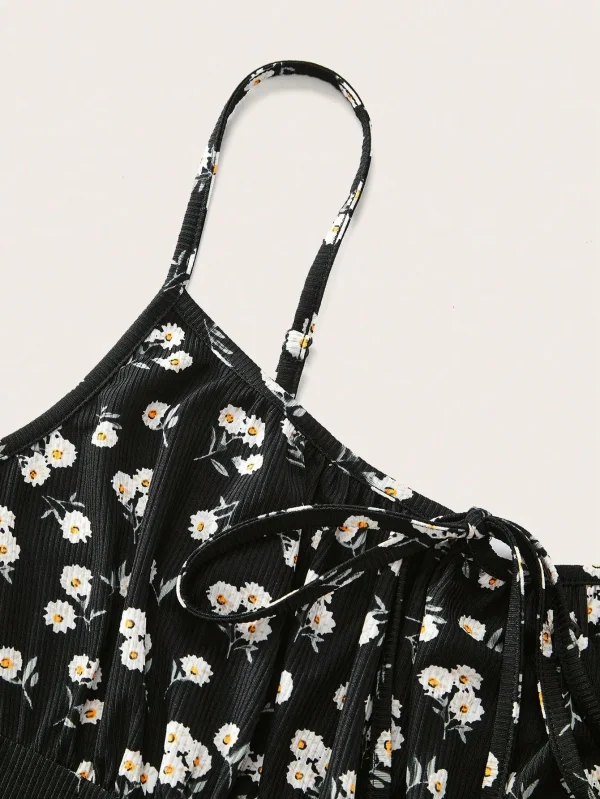 فستان قصير أنيق بدون أكمام بحزام رفيع من الزهور