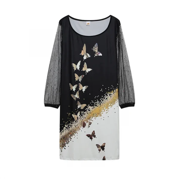 فستان نسائي من الشاش بتصميم ربيعي جديد موديل 2024 برقبة دائرية مزين بالترتر ومنظور