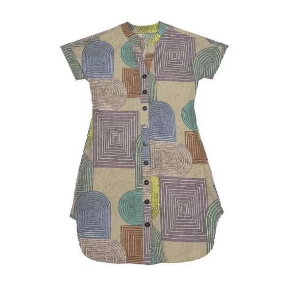 2025 ملابس نسائية أوروبية وأمريكية التجارة الخارجية أمازون صيفي بطباعة هندسية أنيقة على شكل حرف V وأزرار لأعلى