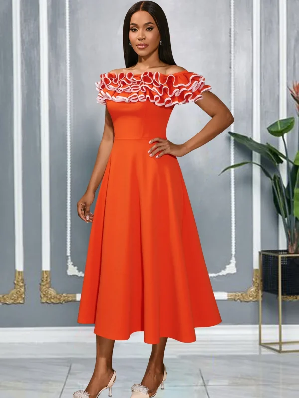 فستان عصري مكشكش مكشوف الأكتاف مع خصر مشدود، مقاس نحيف، فستان سهرة أنيق