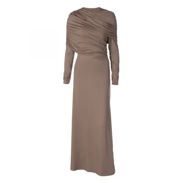 فستان طويل مثير مكشكش بأكمام طويلة للنساء لخريف وشتاء جديد غير منتظم بياقة دائرية وخصر عالٍ فستان حفلات للنوادي للسيدات