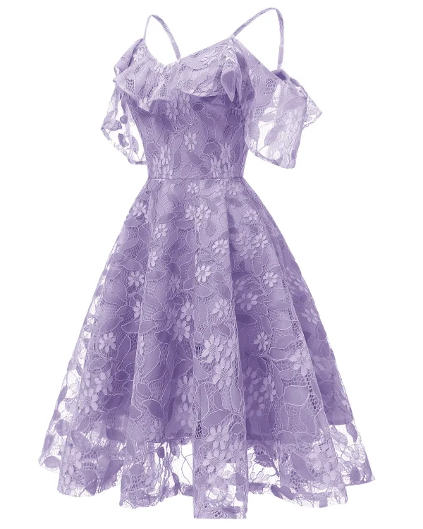 فستان نسائي صيفي أنيق بكشكش من الدانتيل المزهر باللون الواحد، كتف مكشوف، للأجازات، بأكمام كشكش، فساتين سهرة وحفلات