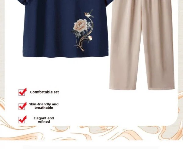 عادية الأزهار طباعة قصيرة الأكمام رقيقة أمي مجموعة الصيف فضفاض تي شيرت الجدة الملابس قطعتين دعوى البوليستر دنة مزيج