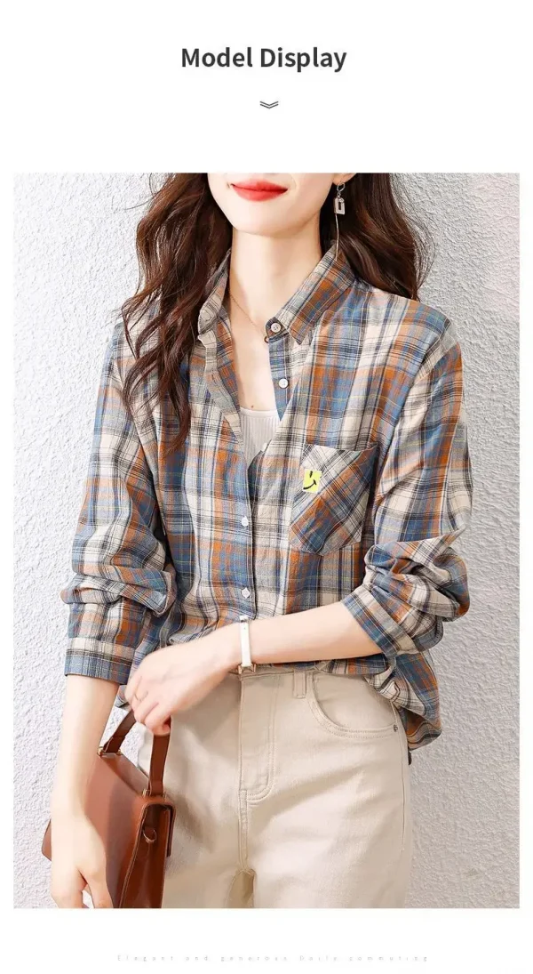 قميص مربعات للنساء في فصلي الربيع والخريف، قميص قطن خالص عصري ورجعي يتم ارتداؤه مع أجنبي