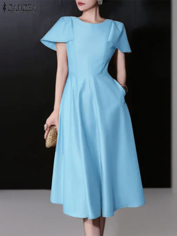 فستان حفلة أنيق من زانزيا 2025 للنساء لصيف العمل، فساتين OL مكتبية، فستان ساتان مكتبي، فستان صيفي قصير الأكمام متوسط الطول، فستان صلب