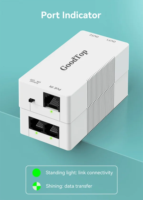 GoodTop 2 Port 100M POE Extender 1 to 2 PoE Repeater IEEE802.3af/at 4KV Lighting Protection Plug&Play 48V 30W for POE Camera
