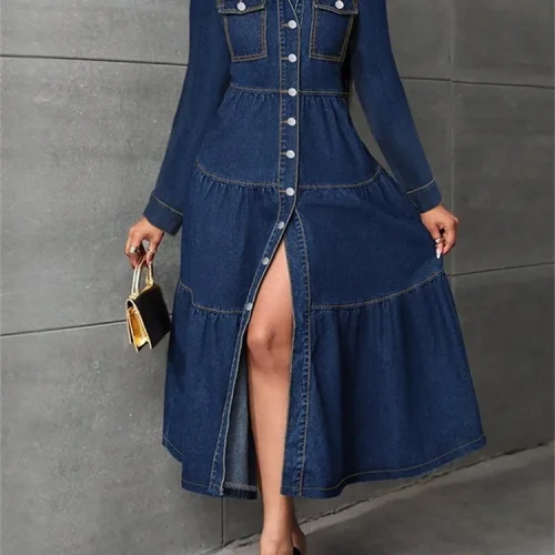 Wmstar فستان الدنيم المرأة عادية زر سترة طويلة الأكمام فساتين موضة ملابس الشارع الشهير ملابس الربيع الجديدة بالجملة دروبشيبينغ