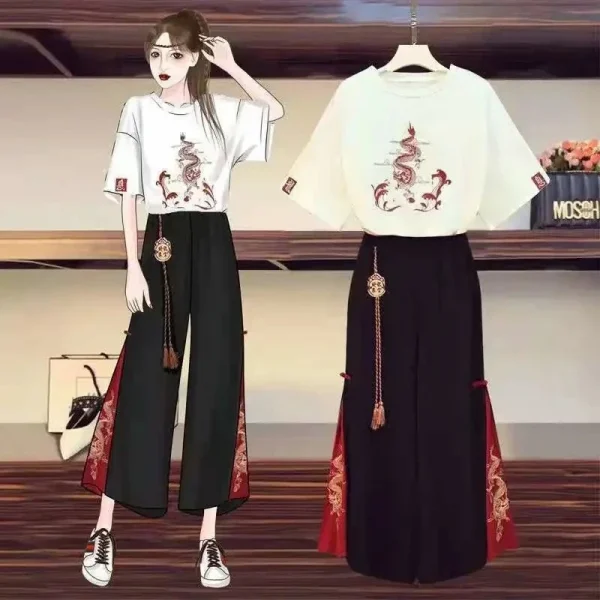 2025 جديد اليابانية Harajuku المحملة القمم النمط الصيني تانغ دعوى المرأة تي شيرت غير رسمي واسعة الساق الكونغ فو فستان أطفال مع سروال داخلي الملابس الشرقية