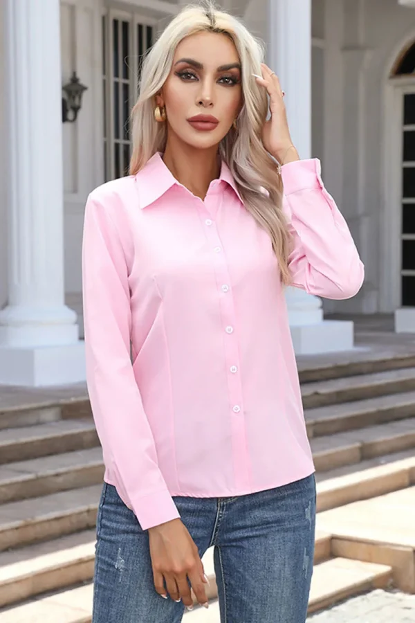 قمصان نسائية ربيعية خريفية بلون صلب بأكمام طويلة وياقة قابلة للطي قميص أساسي للنساء بلوزات شارع أنيقة