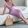 المرأة الأرجواني الحبيب الرقبة قصيرة الأكمام بسط مضلع متماسكة Bodycon ميدي فستان الصيف شاطئ عطلة حفلة فستان طويل