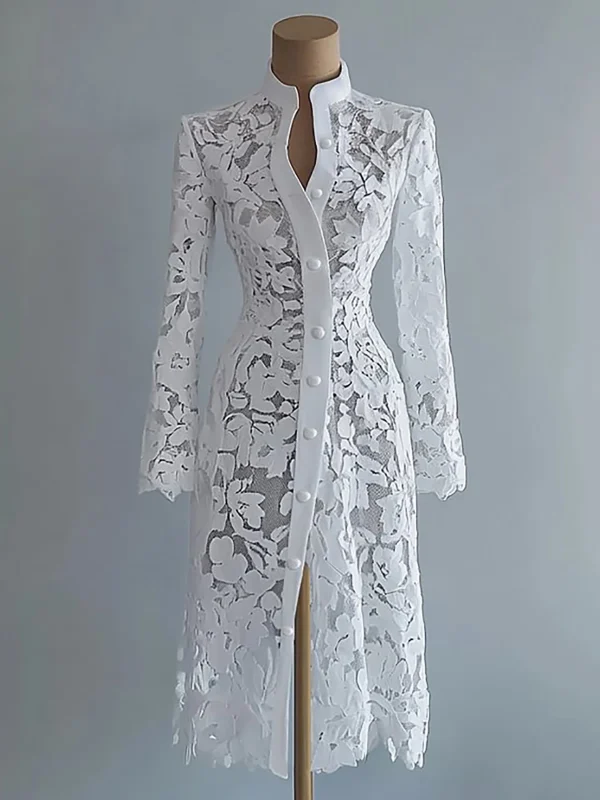 المرأة الأزهار تفريغ الدانتيل فستان أنيق الصلبة واحدة الصدر الياقة المدورة الخريف طويلة الأكمام سترة أبلى فساتين متوسطة الطول