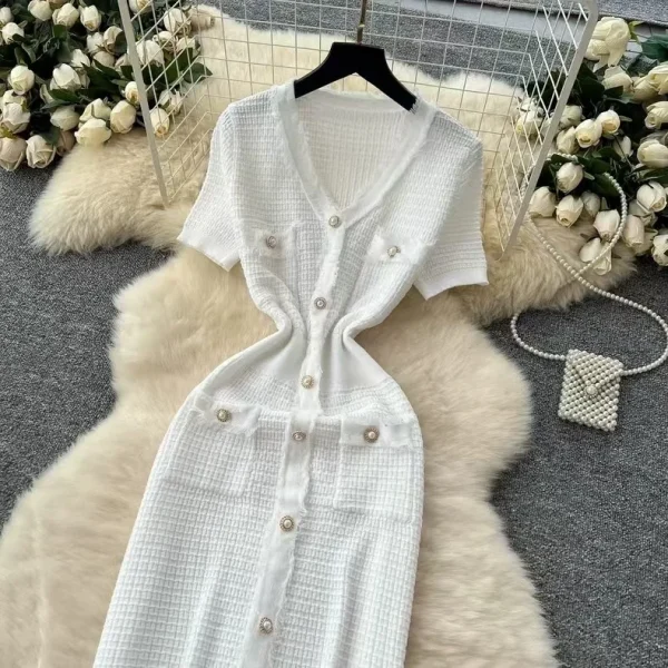 فستان نسائي أنيق مخطط برقبة على شكل حرف V صيفي بأكمام قصيرة ومتماسك بشرابة فساتين ضيقة للنساء