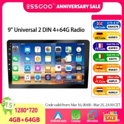 راديو ستيريو للسيارة من ESSGOO مقاس 9 بوصات 2 DIN مزود بتقنية Carplay يعمل بنظام الأندرويد وستيريو للسيارة وبلوتوث 64 جيجا ونظام تحديد المواقع والملاحة RDS وواي فاي وUSB FM DAB + CAM
