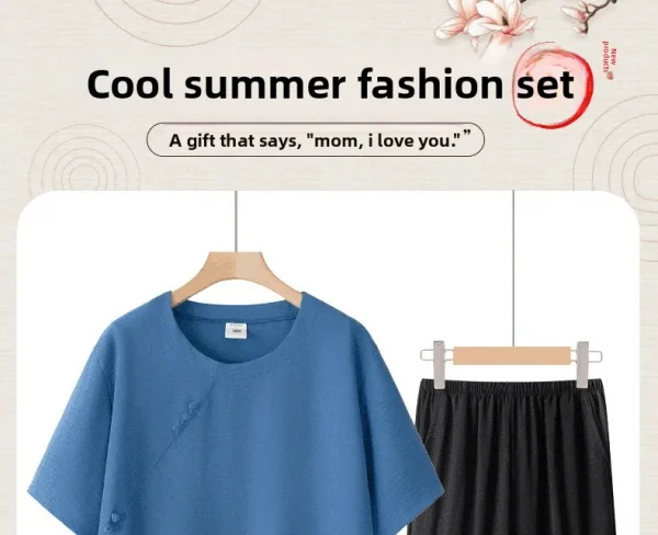 طقم حريمي صيفي بأكمام قصيرة من القطن والحرير على طراز الجدة ملابس نسائية غير رسمية ملابس منزلية قميص أمي ملابس خارجية زر طباعة الأزهار...