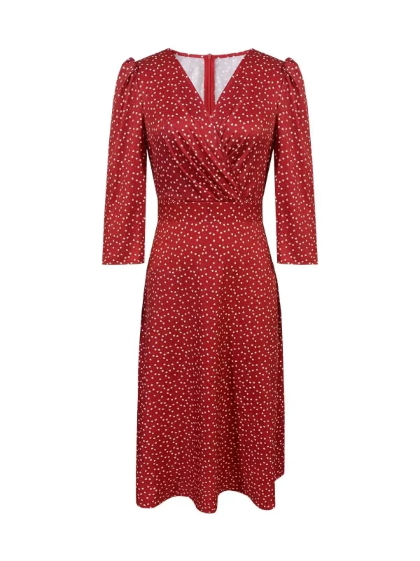 فستان ميدي ربيع وصيف للنساء باللون بورجوندي بنقاط البولكا، بأكمام ثلاثة أرباع، وياقة على شكل V، بقصة A، أنيق وكاجوال، فستان يومي وحفلات