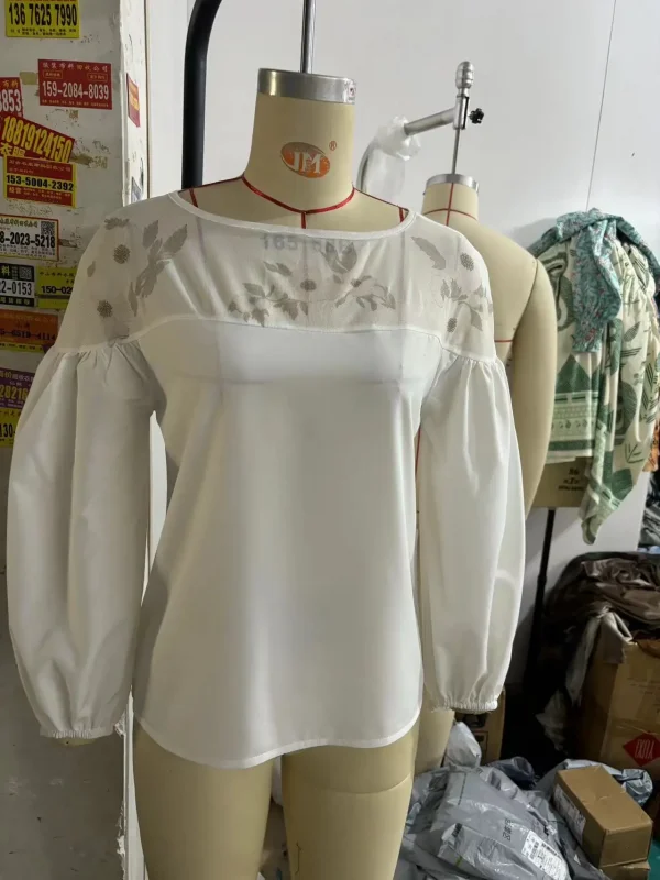 2025 جديد وصول المرأة النمط الأوروبي الأمريكي شير الشيفون الأعلى-كم طويل طاقم الرقبة شبكة لوحة الرقمية تي شيرت مطبوع